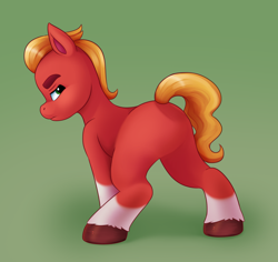 Size: 2352x2224 | Tagged: safe, artist:malarkey, imported from derpibooru, sprout cloverleaf, earth pony, pony, butt, daily sprout, featureless crotch, g5, green background, male, plot, rear view, simple background, solo, sproutbutt, stallion, tail, tail aside, unshorn fetlocks