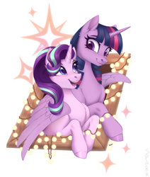 Size: 2000x2362 | Tagged: safe, artist:sparkling_light, imported from derpibooru, starlight glimmer, twilight sparkle, alicorn, pony, unicorn, christmas, christmas lights, cute, duo, glimmerbetes, height difference, high res, holiday, hooves, hug, looking at each other, looking at someone, open mouth, open smile, simple background, smiling, smiling at each other, twiabetes, twilight sparkle (alicorn), white background, window, winghug, wings