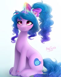 Size: 1074x1368 | Tagged: safe, artist:petaltwinkle, imported from derpibooru, izzy moonbow, pony, unicorn, :3, alternate hairstyle, blushing, bow, bracelet, cute, female, friendship bracelet, g5, glowing, glowing horn, hair bow, horn, izzybetes, jewelry, looking up, magic, mare, ponytail, simple background, sitting, sitting pretty, smiling, solo, unshorn fetlocks, white background