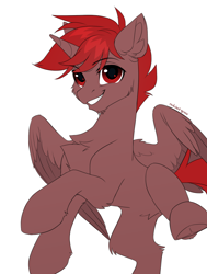 Size: 2000x2641 | Tagged: safe, artist:redchetgreen, imported from derpibooru, oc, oc:hardy, alicorn, pony, alicorn oc, belly, belly fluff, cheek fluff, chest fluff, chin fluff, colored sketch, concave belly, ear fluff, fluffy, grin, hoof fluff, horn, leg fluff, looking at you, male, partially open wings, red eyes, signature, simple background, slim, smiling, smiling at you, solo, stallion, thin, underhoof, white background, wing fluff, wings