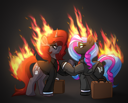 Size: 2872x2312 | Tagged: safe, artist:witchtaunter, imported from derpibooru, oc, oc:curse word, oc:lost, oc:obabscribbler, earth pony, pony, unicorn, black background, briefcase, chest fluff, clothes, commission, ear fluff, earth pony oc, female, fire, glasses, hoofshake, horn, lidded eyes, mare, on fire, pink floyd, simple background, standing, suit, unicorn oc, wish you were here