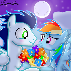 Size: 1300x1300 | Tagged: safe, artist:mlplary6, imported from derpibooru, rainbow dash, soarin', pegasus, pony, blushing, bouquet, bouquet of flowers, female, flower, holding, looking at each other, looking at someone, male, mare, moonlight, shipping, smiling, smiling at each other, soarindash, stallion, straight
