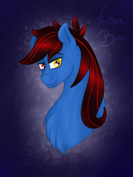 Size: 3000x4000 | Tagged: safe, artist:loopina, imported from derpibooru, oc, oc:feather blue, earth pony, bust, earth pony oc, giveaway, heterochromia, male, raffle, simple background, solo, stallion