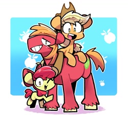 Size: 1472x1355 | Tagged: safe, artist:sourspot, imported from derpibooru, apple bloom, applejack, big macintosh, earth pony, pony, adorabloom, apple bloom's bow, apple siblings, apple sisters, applejack's hat, big macintosh's yoke, bow, brother and sister, cowboy hat, cute, female, hair bow, hat, horse collar, jackabetes, macabetes, male, mare, one eye closed, open mouth, siblings, sisters, smiling, stallion, stetson, trio, wink