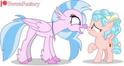 Size: 3515x1870 | Tagged: safe, artist:frownfactory, imported from derpibooru, cozy glow, silverstream, hippogriff, pegasus, pony, bow, duo, duo female, female, filly, foal, folded wings, grin, hair bow, high res, jewelry, looking at each other, looking at someone, necklace, nervous, nervous grin, nose to nose, nose wrinkle, personal space invasion, raised hoof, shadow, signature, simple background, smiling, smiling at each other, spread wings, transparent background, vector, wings