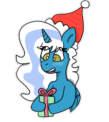 Size: 692x774 | Tagged: safe, artist:swagamuffin1221, imported from derpibooru, oc, oc only, oc:fleurbelle, alicorn, pony, alicorn oc, christmas, happy, hat, holiday, horn, present, santa hat, simple background, solo, transparent background, wings, yellow eyes