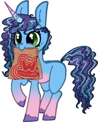 Size: 847x1048 | Tagged: safe, artist:nootaz, imported from derpibooru, pony, unicorn, bag, cornrows, fast food, food, g5, happy, misty brightdawn, mouth hold, paper bag, simple background, smiling, solo, white background, wienerschnitzel