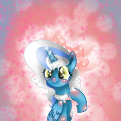 Size: 894x894 | Tagged: safe, artist:tiniflour10, imported from derpibooru, oc, oc only, oc:fleurbelle, alicorn, alicorn oc, ascot, bow, cute, female, gift art, hair bow, horn, mare, pink background, shiny, solo, wings