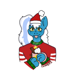 Size: 300x300 | Tagged: safe, artist:und3adrat, imported from derpibooru, oc, oc only, oc:fleurbelle, anthro, :p, blushing, christmas, cinnamon, clothes, cup, female, food, hat, holiday, mare, santa hat, simple background, solo, sweater, tongue out, transparent background, whipped cream, yellow eyes
