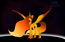 Size: 4822x3157 | Tagged: safe, artist:lightning bolty, imported from derpibooru, oc, oc:blazy thunderbolty, alicorn, alicorn oc, black hole, colored, colored wings, concave belly, crown, ear fluff, ethereal hair, ethereal mane, ethereal tail, female, goddess, goddess of speed, gradient mane, gradient tail, gradient wings, high res, hoof shoes, horn, jewelry, large wings, lightning bolty mom, lightning bolty parents, long horn, long legs, long mane, long tail, mare, multicolored wings, peytral, princess shoes, regalia, signature, slim, solo, space, speed goddess, spread wings, standing, starry mane, starry tail, stars, sternocleidomastoid, tail, tall, thin, wings