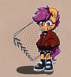 Size: 1040x1122 | Tagged: safe, artist:lou, imported from derpibooru, scootaloo, anthro, bandage, candy, clothes, food, jacket, lollipop, shoes, skirt, solo
