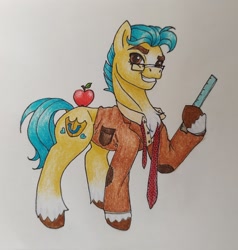 Size: 1949x2048 | Tagged: safe, artist:mintytreble, imported from derpibooru, hitch trailblazer, earth pony, pony, apple, calendar, chest fluff, food, g5, glasses, male, my little pony: a new generation, solo, stallion, teacher, traditional art