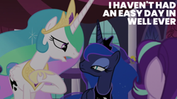 Size: 1920x1080 | Tagged: safe, edit, edited screencap, editor:quoterific, imported from derpibooru, screencap, princess celestia, princess luna, starlight glimmer, alicorn, pony, unicorn, a royal problem, crown, jewelry, looking at each other, looking at someone, regalia, trio