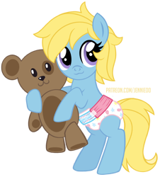 Size: 800x884 | Tagged: safe, artist:jennieoo, imported from derpibooru, oc, oc only, oc:cream, bear, earth pony, pony, cute, diaper, earth pony oc, gift art, hug, patreon, patreon reward, plushie, show accurate, simple background, sketch, solo, teddy bear, toy, transparent background