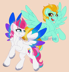 Size: 1600x1671 | Tagged: safe, artist:missbramblemele, imported from derpibooru, lightning dust, zipp storm, pegasus, pony, duo, female, g4, g5, looking at each other, looking at someone, mare, obtrusive watermark, open mouth, raised hoof, simple background, spread wings, unshorn fetlocks, watermark, wings