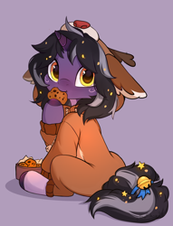 Size: 2894x3787 | Tagged: safe, artist:sofiko-ko, imported from derpibooru, oc, oc:rivibaes, pony, unicorn, bell, clothes, cookie, costume, eating, female, filly, foal, food, horn, kigurumi, looking at you, solo, stars, unicorn oc