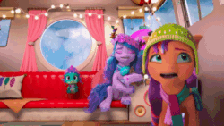Size: 520x293 | Tagged: safe, imported from derpibooru, screencap, hitch trailblazer, izzy moonbow, sunny starscout, dragon, earth pony, pony, unicorn, spoiler:g5, spoiler:winter wishday, animated, baby, baby dragon, bouncing, female, g5, hat, male, mare, marestream, my little pony: make your mark, my little pony: make your mark chapter 3, shaking, sparky sparkeroni, stallion, turbulence, winter wishday