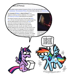 Size: 536x575 | Tagged: safe, artist:punkittdev, imported from derpibooru, rainbow dash, twilight sparkle, alicorn, pegasus, pony, beast megatron, beast wars, book, dialogue, duo, duo female, excited, female, horsecomix, motion lines, simple background, speech bubble, that pony sure does love books, transformers, twilight sparkle (alicorn), union jack, wikipedia