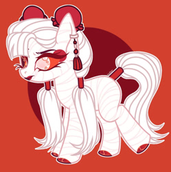 Size: 1024x1027 | Tagged: safe, artist:justsadluna, imported from derpibooru, oc, oc only, earth pony, pony, earth pony oc, hoof polish, mummy, red background, simple background, solo, tail, tail wrap