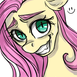 Size: 512x512 | Tagged: safe, artist:serzjikfainyi, imported from derpibooru, fluttershy, pony, bust, creepy, creepy smile, eyebrows, eyebrows visible through hair, female, looking at you, mare, sharp teeth, simple background, smiley face, smiling, solo, teeth, white background