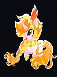 Size: 2605x3504 | Tagged: safe, artist:duchesspheonixglow, imported from derpibooru, oc, oc only, pony, unicorn, black background, braid, clothes, dress, female, hoof shoes, horn, jewelry, mare, peytral, princess shoes, regalia, see-through, simple background, smiling, solo, unicorn oc