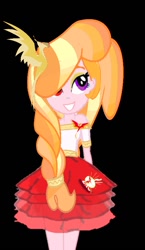 Size: 446x770 | Tagged: safe, artist:duchesspheonixglow, imported from derpibooru, oc, oc only, human, equestria girls, black background, clothes, female, grin, hair over one eye, simple background, skirt, smiling, solo