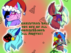 Size: 1280x960 | Tagged: safe, artist:brybrychan, imported from derpibooru, oc, cyborg, pony, unicorn, wolf, advertisement, christmas, commission info, curved horn, female, hat, holiday, horn, mare, protogen, santa hat, unicorn oc