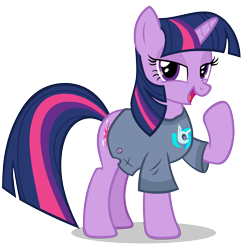 Size: 7829x8087 | Tagged: safe, artist:andoanimalia, edit, editor:anonymous, imported from twibooru, vector edit, dj pon-3, twilight sparkle, vinyl scratch, pony, unicorn, a trivial pursuit, absurd resolution, clothes, cutie mark, female, image, mare, open mouth, png, shirt, simple background, solo, t-shirt, transparent background, unicorn twilight, vector, wingless, wingless edit