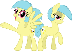 Size: 765x540 | Tagged: safe, artist:niggerfaggot, imported from twibooru, oc, oc only, oc:matinee, oc:soiree, earth pony, pegasus, pony, duo, female, image, lidded eyes, mare, open mouth, png, raised hoof, siblings, simple background, sisters, snowpity inc., spread wings, transparent background, twins, underhoof, wings