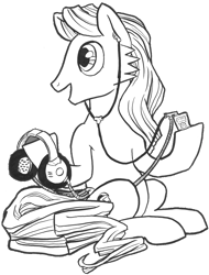 Size: 912x1200 | Tagged: safe, artist:abronyaccount, derpibooru exclusive, imported from derpibooru, oc, oc only, oc:phrase turner, earth pony, derpibooru community collaboration, 2023 community collab, black and white, earbuds, grayscale, headphones, high res, ink drawing, long mane, long mane male, long tail, male, monochrome, mp3 player, sideburns, simple background, sitting, smiling, solo, stallion, tail, traditional art, transparent background