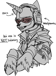 Size: 507x693 | Tagged: safe, artist:mechanakal, derpibooru exclusive, imported from derpibooru, pony, unicorn, balaclava, bust, call of duty, clothes, coat, doodle, fluffy, grayscale, headphones, headset, looking at you, male, meme, monochrome, partial color, ponified, ponified meme, raised hooves, simon "ghost" riley, simple background, skull, solo, stallion, sunglasses, text, union jack, unshorn fetlocks, white background