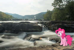 Size: 1600x1066 | Tagged: safe, artist:dashiesparkle, imported from derpibooru, pinkie pie, earth pony, pony, balloonbutt, butt, female, irl, mare, photo, plot, ponies in real life, smiling, solo, water, waterfall, west virginia