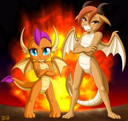 Size: 4800x4572 | Tagged: safe, artist:uotapo, edit, imported from derpibooru, ocellus, smolder, dragon, cool guys don't look at explosions, disguise, disguised changeling, dragon ocellus, dragoness, female, machine learning assisted