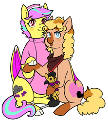 Size: 1401x1579 | Tagged: safe, artist:/d/non, artist:tacodeltaco, derpibooru exclusive, imported from derpibooru, oc, oc only, oc:heartspring, oc:star shower, bat pony, derpibooru community collaboration, 2023 community collab, amputee, bandana, bat pony oc, bat wings, holding hooves, looking at you, nurse outfit, plushie, prosthetic limb, prosthetics, simple background, transparent background, wings