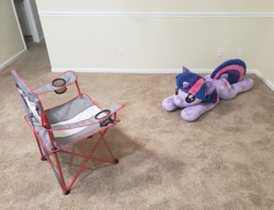 Size: 3929x3024 | Tagged: artist needed, photographer needed, source needed, safe, imported from twibooru, twilight sparkle, pony, unicorn, chair, empty room, female, image, irl, mare, meme, needs more jpeg, photo, plushie, prone, sploot, unicorn twilight