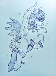 Size: 1600x2134 | Tagged: safe, artist:sugarrrpeach, imported from twibooru, oc, oc only, pegasus, clothes, flying, image, looking at you, looking back, looking back at you, monochrome, needs more jpeg, photo, simple background, socks, solo, spread wings, traditional art, white background, wings
