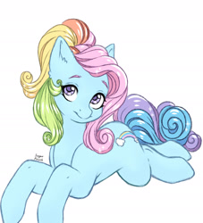 Size: 1920x2112 | Tagged: safe, artist:sugarrrpeach, imported from twibooru, rainbow dash (g3), pony, female, image, looking at you, mare, needs more jpeg, prone, simple background, solo, white background