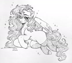 Size: 1920x1680 | Tagged: safe, artist:sugarrrpeach, imported from twibooru, oc, oc only, pegasus, pony, black and white, clothes, ear piercing, female, floppy ears, freckles, grayscale, heart eyes, hoofless socks, image, mare, monochrome, needs more jpeg, piercing, prone, signature, simple background, socks, spread wings, traditional art, white background, wingding eyes, wings