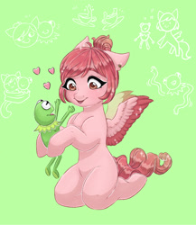 Size: 1920x2216 | Tagged: safe, artist:sugarrrpeach, imported from twibooru, oc, pegasus, pony, duo, ear piercing, female, floppy ears, green background, image, kermit the frog, kneeling, mare, needs more jpeg, piercing, simple background, spread wings, wings