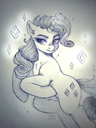 Size: 1920x2560 | Tagged: safe, artist:sugarrrpeach, imported from twibooru, rarity, pony, unicorn, female, gray background, image, looking at you, magic, mare, needs more jpeg, photo, side, signature, simple background, telekinesis, traditional art