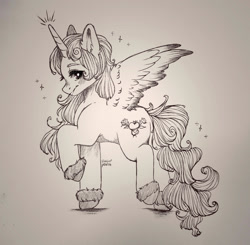 Size: 1600x1566 | Tagged: safe, artist:sugarrrpeach, imported from twibooru, oc, oc only, alicorn, pony, alicorn oc, black and white, clothes, grayscale, horn, image, looking at you, looking back, looking back at you, monochrome, needs more jpeg, raised leg, shoes, signature, simple background, spread wings, traditional art, white background, wings