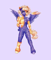 Size: 3450x4000 | Tagged: safe, artist:sugarrrpeach, imported from twibooru, oc, oc only, anthro, original species, pegasus, unguligrade anthro, barbie doll anatomy, blue background, female, image, looking at you, png, simple background, sky, smiling, spread wings, unshorn fetlocks, wings