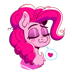 Size: 1950x1950 | Tagged: safe, artist:cassettepunk, artist:pink-pone, imported from ponybooru, pinkie pie, earth pony, pony, bust, chest fluff, collaboration, cute, diapinkes, eyes closed, female, heart, mare, pictogram, portrait, satisfied, simple background, smiling, smug, solo, speech bubble, white background