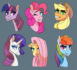 Size: 2200x2000 | Tagged: safe, artist:tooneychaos, imported from derpibooru, applejack, fluttershy, pinkie pie, rainbow dash, rarity, twilight sparkle, earth pony, pegasus, pony, unicorn, blue background, bust, female, floppy ears, grin, mane six, mare, simple background, smiling