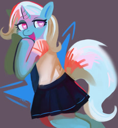 Size: 996x1080 | Tagged: safe, artist:cherivinca, imported from derpibooru, trixie, semi-anthro, unicorn, clothes, heart, heart eyes, lidded eyes, looking at you, looking back, looking back at you, open mouth, open smile, skirt, smiling, solo, wingding eyes