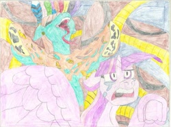 Size: 911x678 | Tagged: safe, artist:rakdarian, imported from derpibooru, twilight sparkle, oc, oc:chieftess muyal, lamia, original species, cheese, crying, fear, food, laughing, quesadilla, traditional art