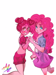 Size: 3000x4000 | Tagged: safe, artist:araigummy, imported from derpibooru, pinkie pie, human, equestria girls, crossover, duo, female, gem (race), holding hands, looking at you, simple background, spinel (steven universe), steven universe, white background