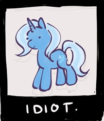 Size: 738x864 | Tagged: safe, artist:mapleeheart, imported from derpibooru, trixie, pony, unicorn, chibi, cropped, dot eyes, female, gray background, idiot, mare, simple background, smiling, solo, text