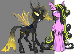 Size: 919x679 | Tagged: safe, artist:unicornlobotomy, derpibooru exclusive, imported from derpibooru, oc, oc:spadeling, changeling, pegasus, pony, changeling oc, curly hair, disguise, disguised changeling, frown, gray background, looking away, scar, simple background, smiling, torn ear, two toned mane, white background, yellow changeling
