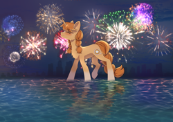 Size: 2508x1764 | Tagged: safe, artist:glumarkoj, imported from derpibooru, oc, oc only, oc:morning latte, pony, unicorn, beautiful, blaze (coat marking), blushing, coat markings, eyes closed, facial markings, female, fireworks, horn, mare, pigtails, reflection, smiling, socks (coat markings), solo, unicorn oc, water